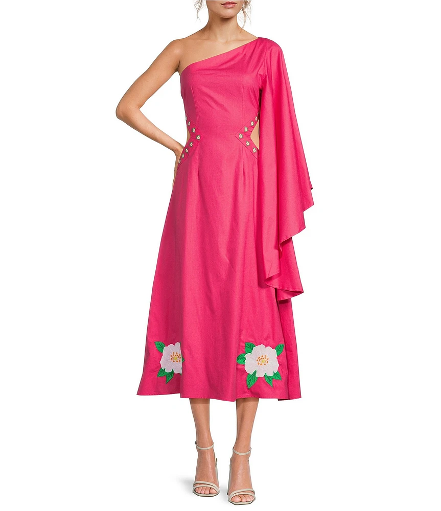 Fanm Mon Amarya One-Shoulder Bell Sleeve Side Cut Out Floral Embroidered Midi Dress