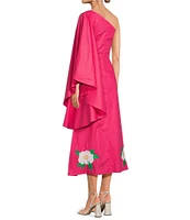 Fanm Mon Amarya One-Shoulder Bell Sleeve Side Cut Out Floral Embroidered Midi Dress