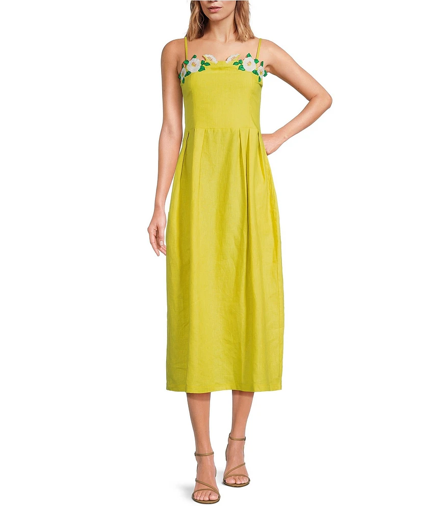 Fanm Mon Citron White Full Bloom Rose Embroidered Detail Spaghetti Strap Linen Midi Dress