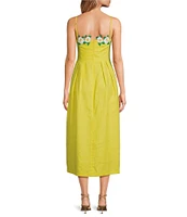 Fanm Mon Citron White Full Bloom Rose Embroidered Detail Spaghetti Strap Linen Midi Dress