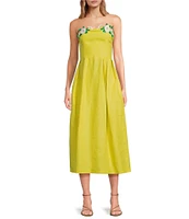 Fanm Mon Citron White Full Bloom Rose Embroidered Detail Spaghetti Strap Linen Midi Dress