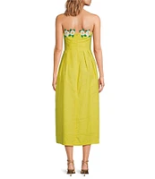 Fanm Mon Citron White Full Bloom Rose Embroidered Detail Spaghetti Strap Linen Midi Dress