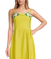 Fanm Mon Citron White Full Bloom Rose Embroidered Detail Spaghetti Strap Linen Midi Dress