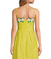 Fanm Mon Citron White Full Bloom Rose Embroidered Detail Spaghetti Strap Linen Midi Dress