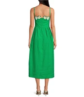 Fanm Mon Citron White Full Bloom Rose Embroidered Detail Spaghetti Strap Linen Midi Dress