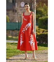 Fanm Mon Elmas Embroidered Square Neck A-Line Midi Dress