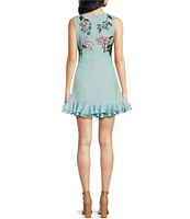 Fanm Mon Flirt Floral Embroidered Ruffle Hem Mini Dress