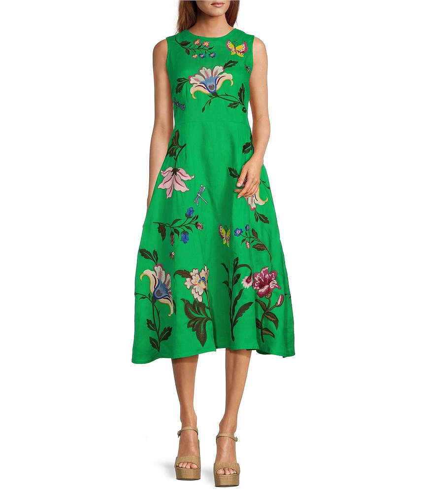 Fanm Mon Gloriosa Floral Embroidered Linen Sleeveless Belted A-Line Midi Dress