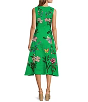 Fanm Mon Gloriosa Floral Embroidered Linen Sleeveless Belted A-Line Midi Dress