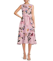 Fanm Mon Gloriosa Floral Embroidered Linen Sleeveless Belted A-Line Midi Dress