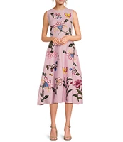 Fanm Mon Gloriosa Floral Embroidered Linen Sleeveless Belted A-Line Midi Dress