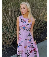 Fanm Mon Gloriosa Floral Embroidered Linen Sleeveless Belted A-Line Midi Dress