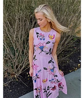 Fanm Mon Gloriosa Floral Embroidered Linen Sleeveless Belted A-Line Midi Dress