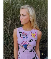 Fanm Mon Gloriosa Floral Embroidered Linen Sleeveless Belted A-Line Midi Dress