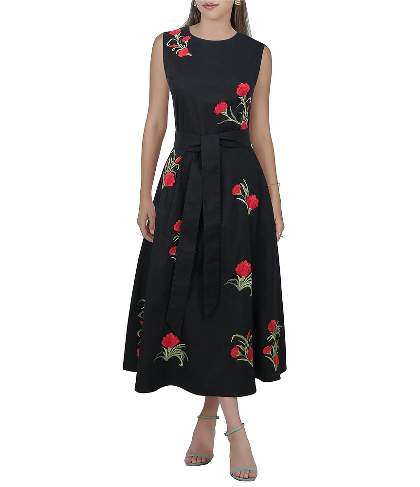 Fanm Mon Gloriya Woven Carnation Embroidered Round Neck Sleeveless Tie Waist Midi A-Line Flounce Dress