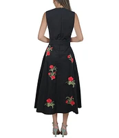 Fanm Mon Gloriya Woven Carnation Embroidered Round Neck Sleeveless Tie Waist Midi A-Line Flounce Dress