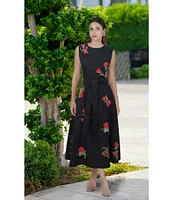 Fanm Mon Gloriya Woven Carnation Embroidered Round Neck Sleeveless Tie Waist Midi A-Line Flounce Dress