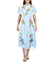 Fanm Mon Jess Floral Embroidered Crew Neckline Short Sleeve Belted Midi Dress