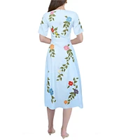 Fanm Mon Jess Floral Embroidered Crew Neckline Short Sleeve Belted Midi Dress