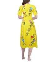 Fanm Mon Jess Floral Embroidered Crew Neckline Short Sleeve Belted Midi Dress