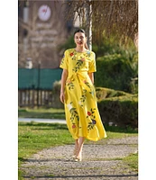 Fanm Mon Jess Floral Embroidered Crew Neckline Short Sleeve Belted Midi Dress