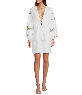 Fanm Mon Larson Embroidered Long Sleeve V Neckline Mini Dress