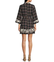 Fanm Mon Layla Tweed Floral Embroidered Mock Neck Wide 3/4 Sleeve Tie Waist Mini Dress