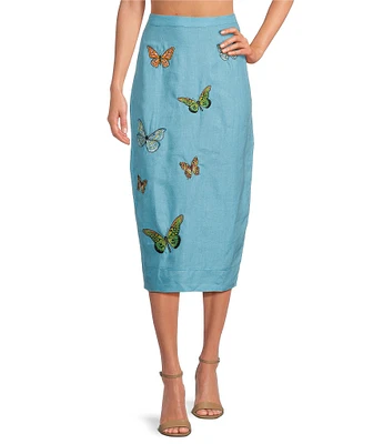 Fanm Mon Marion Embroidered Linen Midi Pencil Skirt