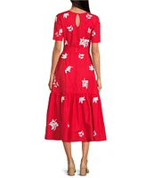 Fanm Mon Nursel Embroidered Crew Neck Short Sleeve A-Line Midi Dress