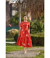 Fanm Mon Nursel Embroidered Crew Neck Short Sleeve A-Line Midi Dress