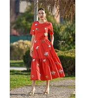 Fanm Mon Nursel Embroidered Crew Neck Short Sleeve A-Line Midi Dress