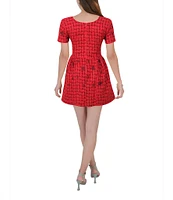 Fanm Mon Samantha Tweed Embroidered Scoop Neck Cap Sleeve A-line Mini Dress