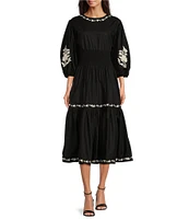 Fanm Mon Sundial Floral Embroidered Boat Neck Short Puff Sleeve Smocked Waist A-Line Tiered Flounce Midi Dress