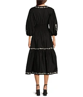 Fanm Mon Sundial Floral Embroidered Boat Neck Short Puff Sleeve Smocked Waist A-Line Tiered Flounce Midi Dress