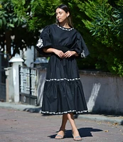 Fanm Mon Sundial Floral Embroidered Boat Neck Short Puff Sleeve Smocked Waist A-Line Tiered Flounce Midi Dress