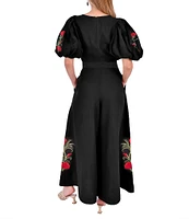 Fanm Mon Tiffany Woven Rose Embroidered Crew Neck Short Balloon Sleeve Belted Wide Flounce Leg Jumpsuit