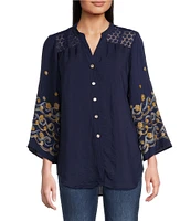 Figueroa & Flower Mandarin Collar Embroidered 3/4 Bell Sleeve Button-Front Blouse