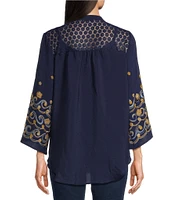 Figueroa & Flower Mandarin Collar Embroidered 3/4 Bell Sleeve Button-Front Blouse