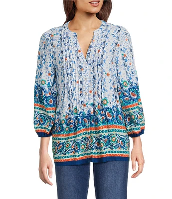 Figueroa & Flower Alana Printed Banded Split V-Neck 3/4 Sleeve Pintuck Detail Shirt