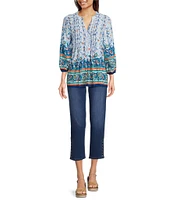 Figueroa & Flower Alana Printed Banded Split V-Neck 3/4 Sleeve Pintuck Detail Shirt