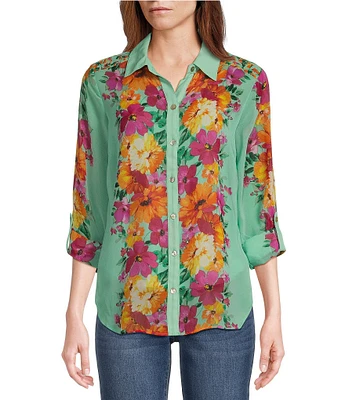 Figueroa & Flower Cherry Border Floral Print Floral Border Print Roll-Tab Sleeve Button-Down Blouse