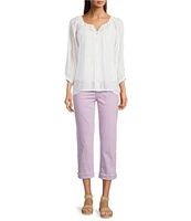 Figueroa & Flower Embriordered Crew Neck 3/4 Bell Sleeve Lace Detail Blouse