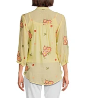 Figueroa & Flower Embroidered Floral Mandarin Collar 3/4 Sleeve Button-Front Blouse