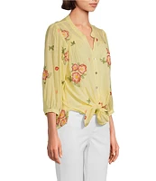 Figueroa & Flower Embroidered Floral Mandarin Collar 3/4 Sleeve Button-Front Blouse