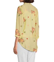 Figueroa & Flower Embroidered Floral Mandarin Collar 3/4 Sleeve Button-Front Blouse
