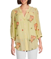 Figueroa & Flower Embroidered Floral Mandarin Collar 3/4 Sleeve Button-Front Blouse