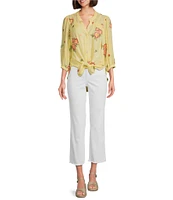 Figueroa & Flower Embroidered Floral Mandarin Collar 3/4 Sleeve Button-Front Blouse