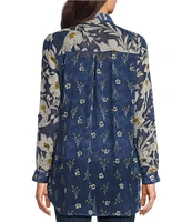 Figueroa & Flower Embroidered Floral Point Collar Elbow Tie Sleeve Button-Front Blouse