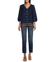 Figueroa & Flower Embroidered Gauze V-Neck 3/4 Sleeve Button-Front Blouse