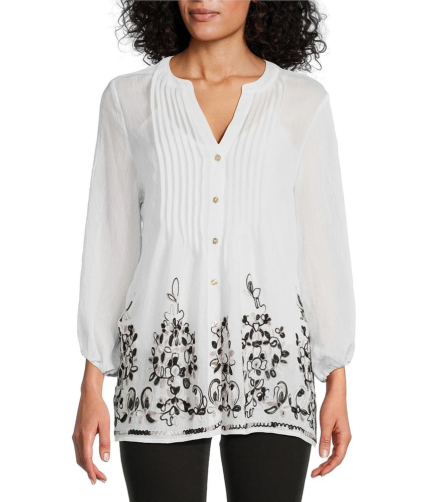 Figueroa & Flower Embroidered Mandarin Collar 3/4 Sleeve Pintuck Detail Button Front Blouse